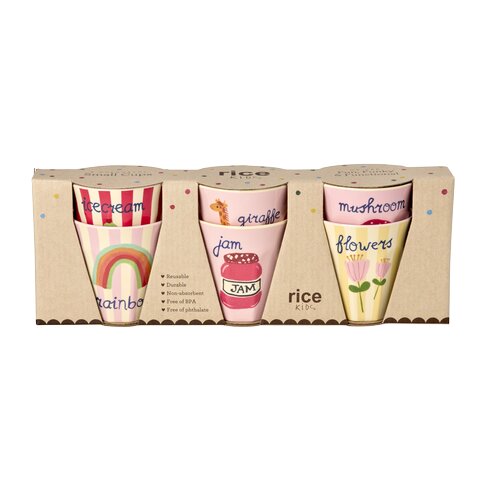 6er-Set Melamin-Kinderbecher mit bunten Motiven, pinkem Innenrand