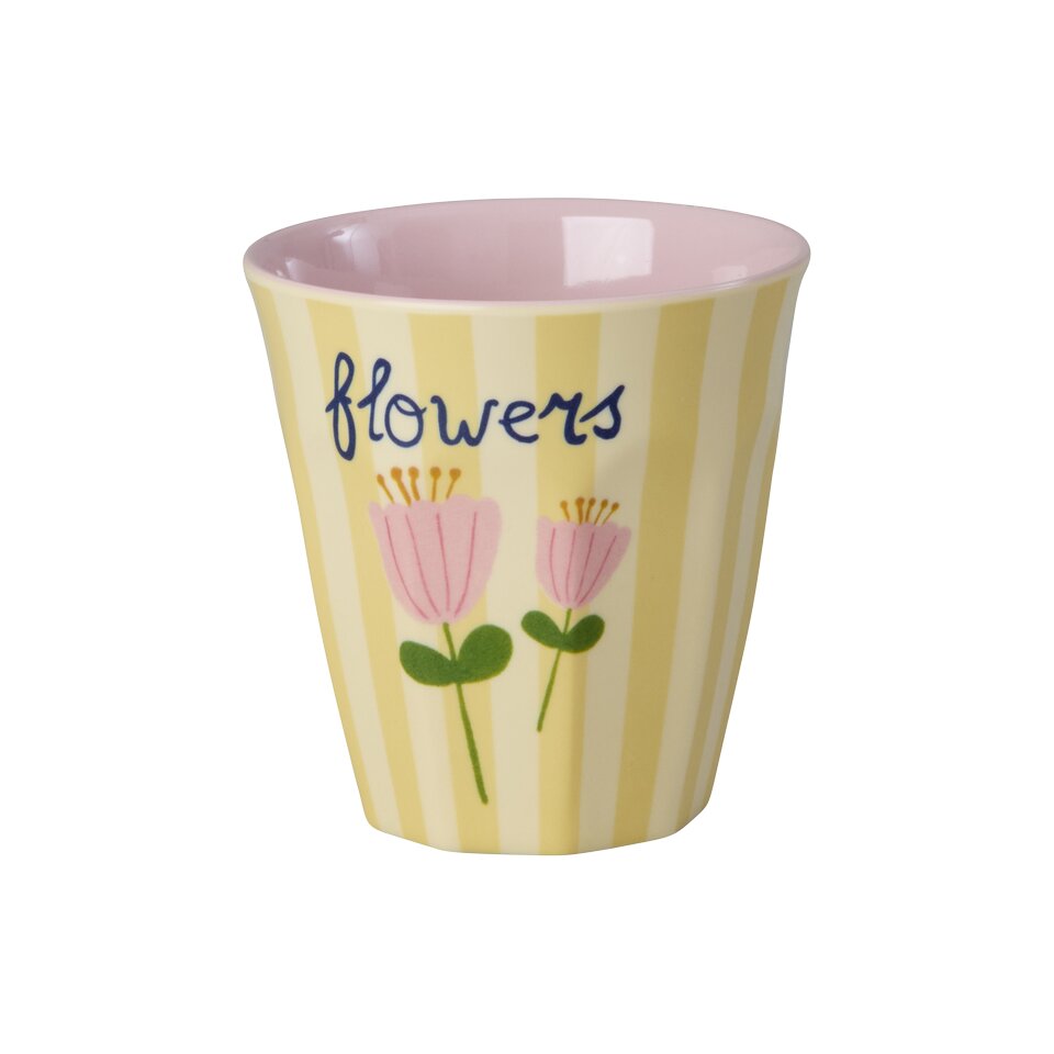 Kinderbecher aus Melamin, gelb-gestreift mit Blumenaufdruck