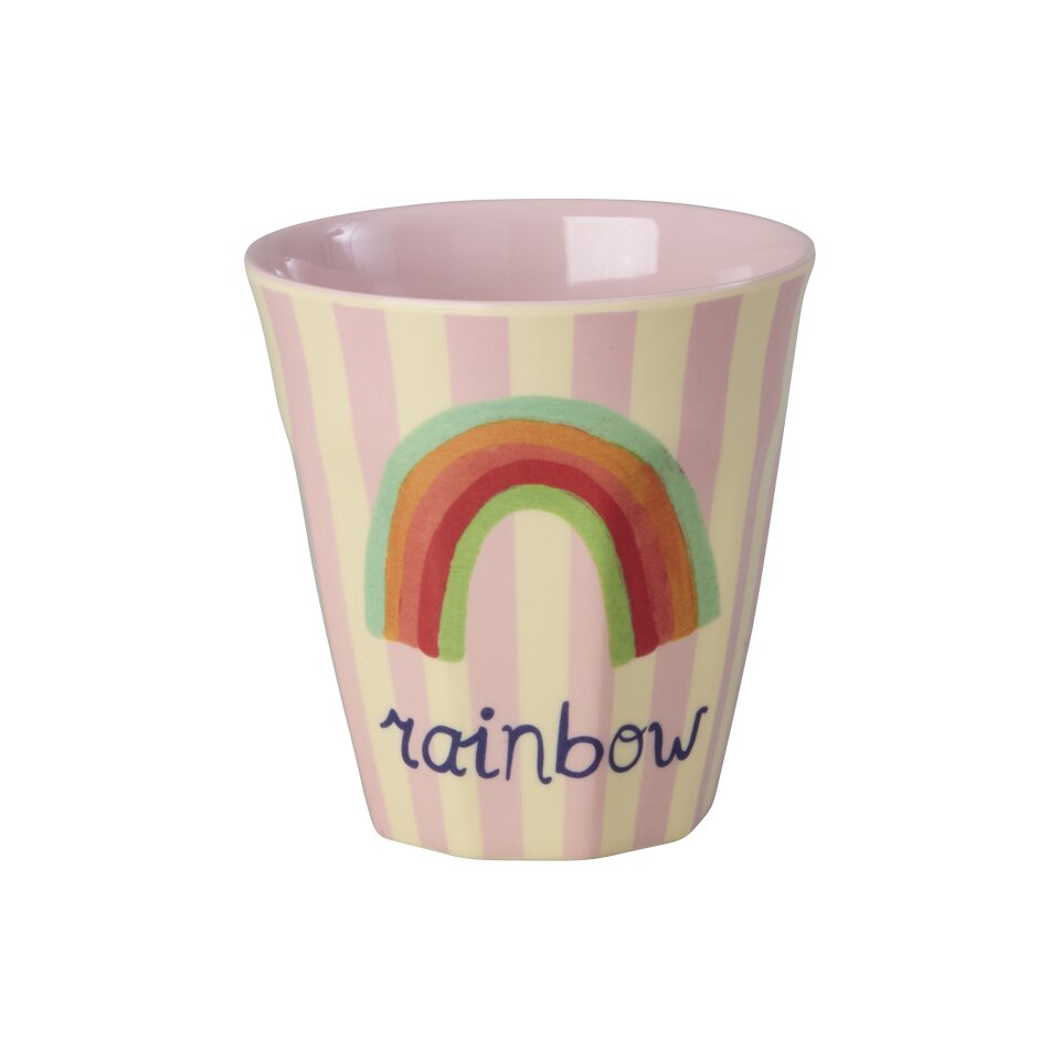 Kinderbecher aus Melamin, pastellfarben gestreift mit Regenbogenaufdruck