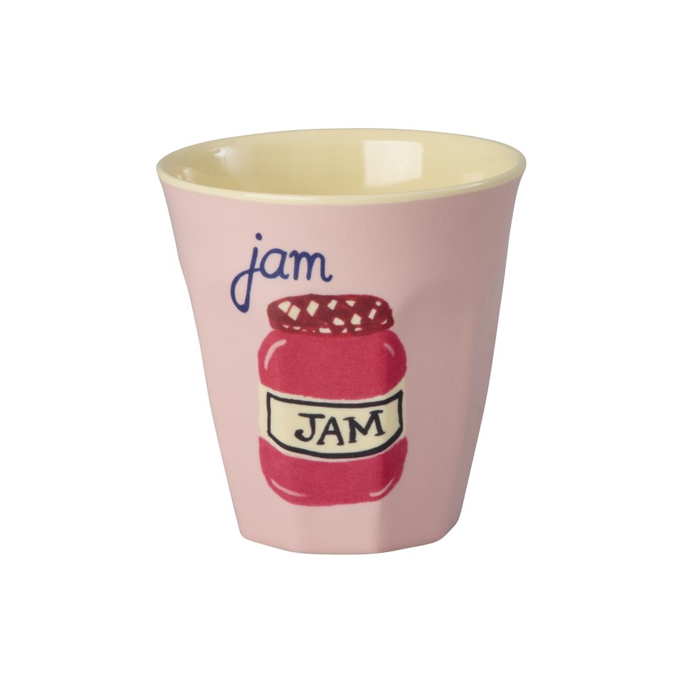 Kinderbecher aus Melamin, rosafarben mit Marmeladen-Glas-Aufdruck