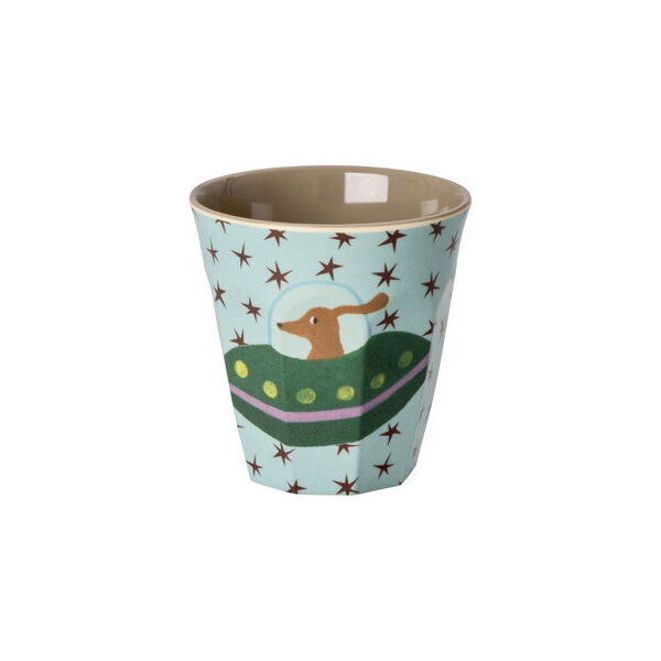 Melamin-Kinderbecher mit Hund auf Planeten-Landschaft, blauer Innenrand