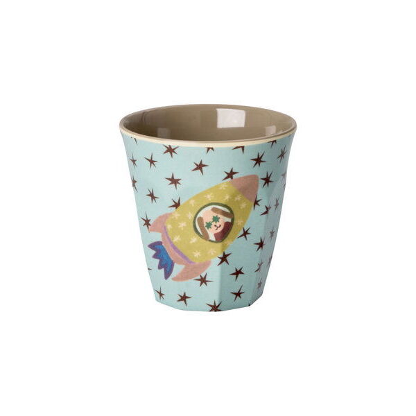 Melamin-Kinderbecher mit Weltraum-Rakete und Hund, blauer Innenrand
