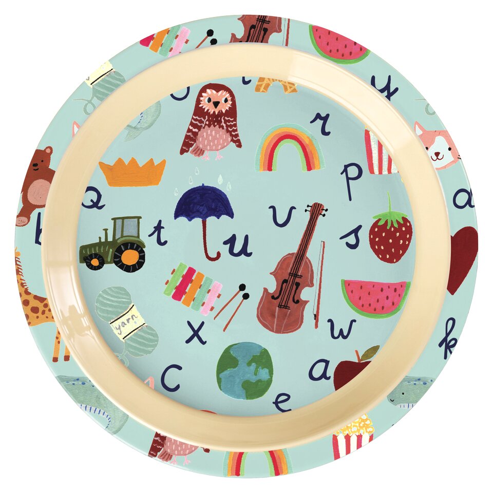 Runder Kinderteller aus Melamin, blau mit ABC-Buchstaben und bunten Motiven, 22 cm