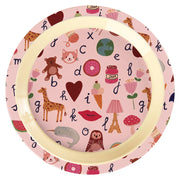Rosa Melamin-Kinderteller (22 cm) mit ABC-Buchstaben und Tiermotiven, Innenrand
