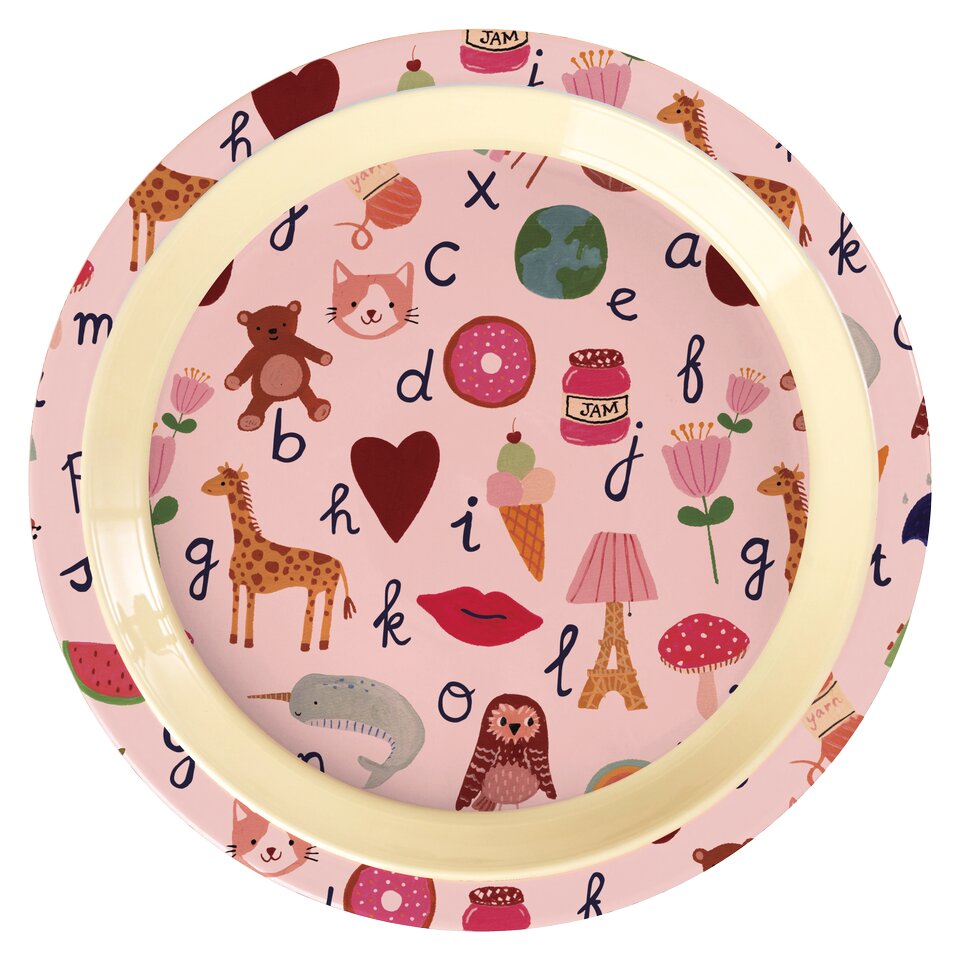Rosa Melamin-Kinderteller (22 cm) mit ABC-Buchstaben und Tiermotiven, Innenrand