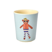 Kinderbecher aus Melamin, hellblau mit Affenmotiv und beigem Rand, 150 ml