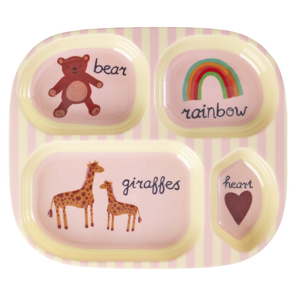 Melamin-Menüteller mit 4 Fächern, rosa, Tiere, Regenbogen und Herz-Design