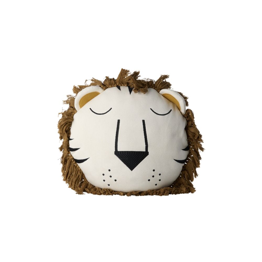 Kinderkissen mit Löwenkopf, braunes Flauschfell und weißem Gesicht, rundes Design