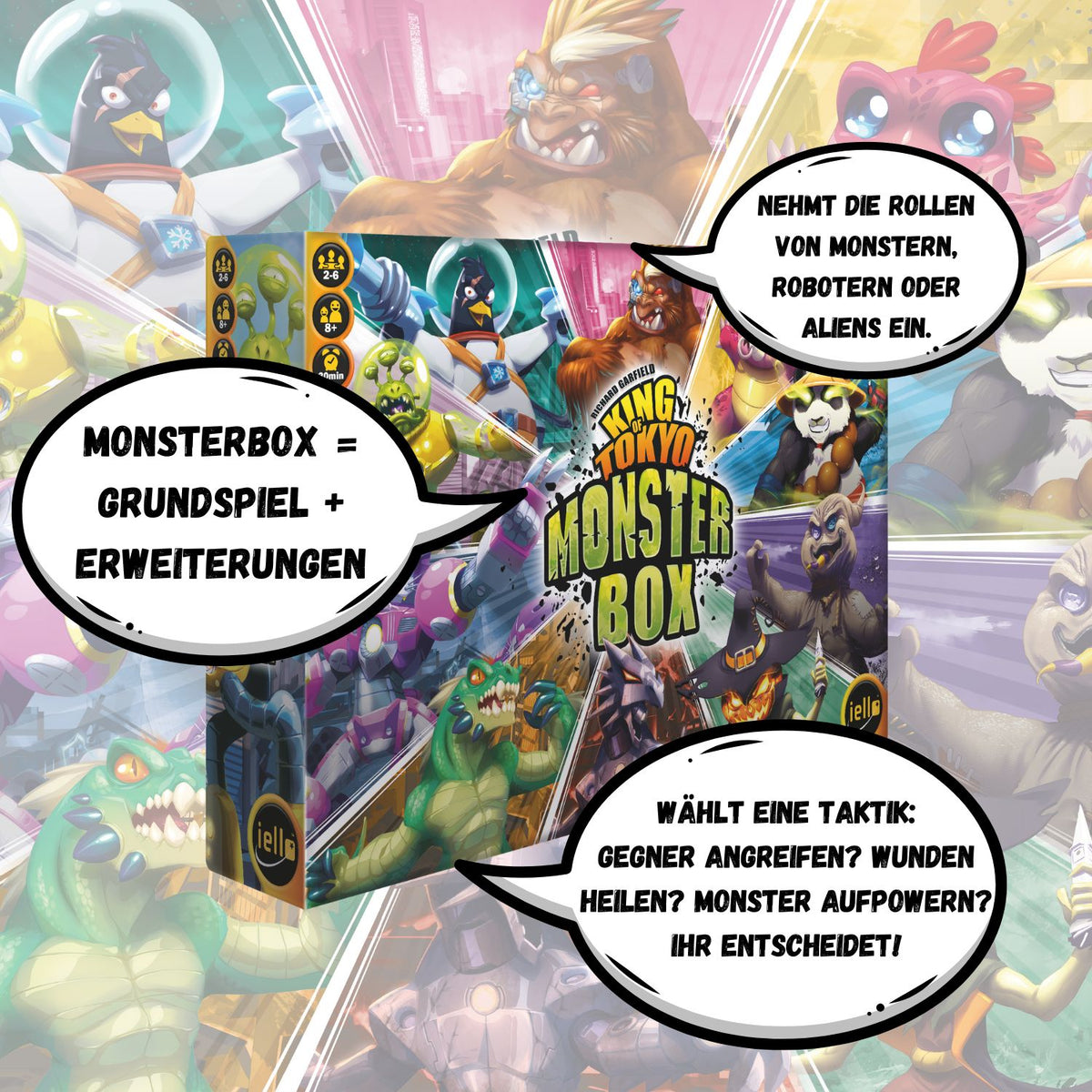 Monsterbox-Packung mit Hinweis „Grundspiel + Erweiterungen“ und Taktikfragen