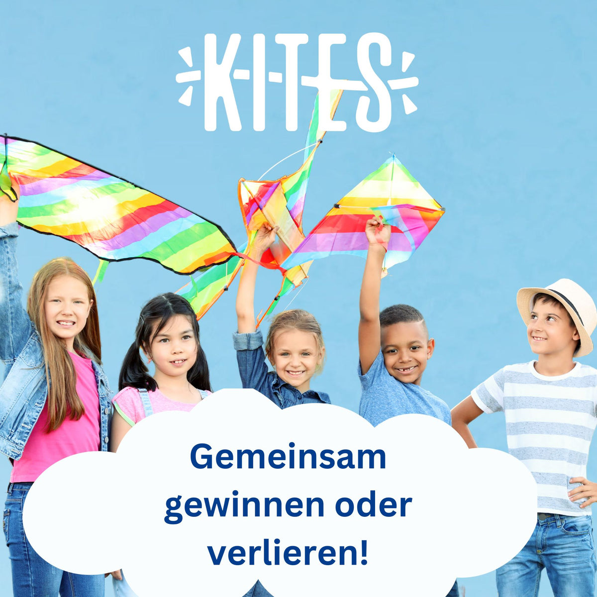 Bunte Kinder-Drachen in Regenbogenfarben, von Kindern am Himmel gehalten