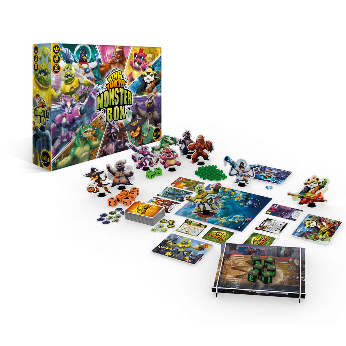 King of Tokyo Monsterbox mit Boxcover und Spielmaterialien aus Karten und Figuren