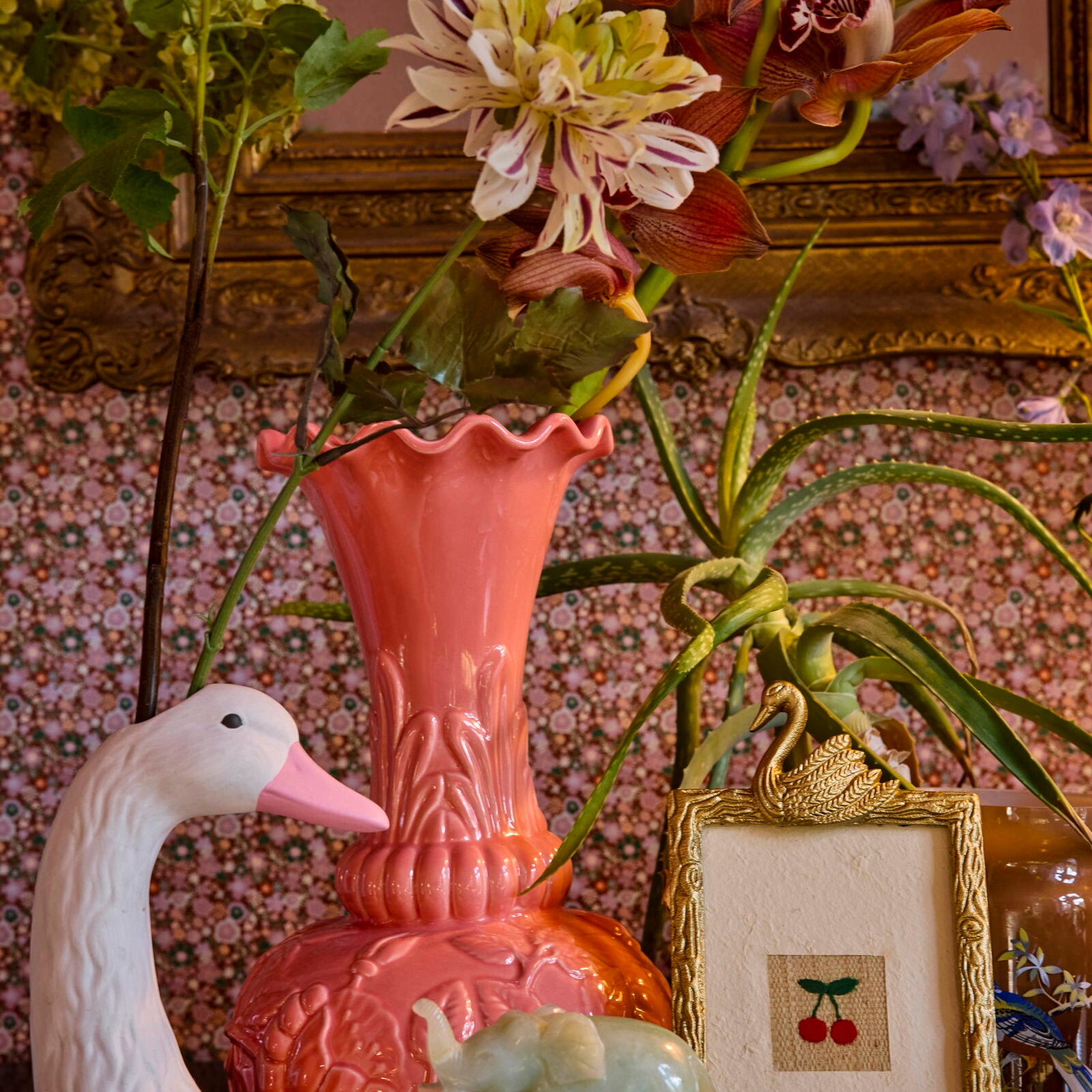 Keramikvase "Swan Head" - 12,5x12,5x19,5 cm (Weiß/Pink)