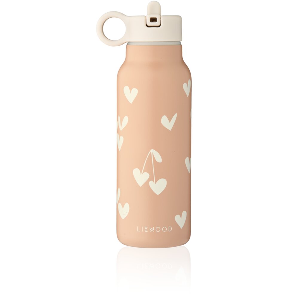 Wasserflasche 350 ml in Pastell-Pfirsich mit Herzmuster und Trageschlaufe
