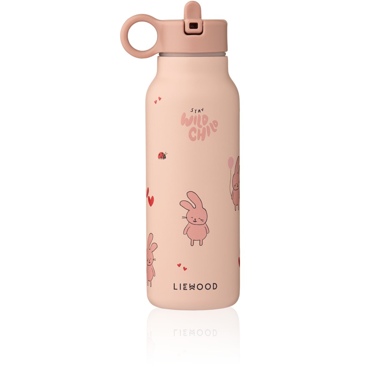 Wasserflasche 350 ml, rosé mit Hase-und-Herz-Print, Griffschlaufe