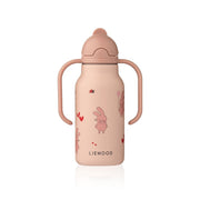 Kinder-Wasserflasche rosafarben mit Henkeln, Deckel und Strohhalm, mit Hasen-Print