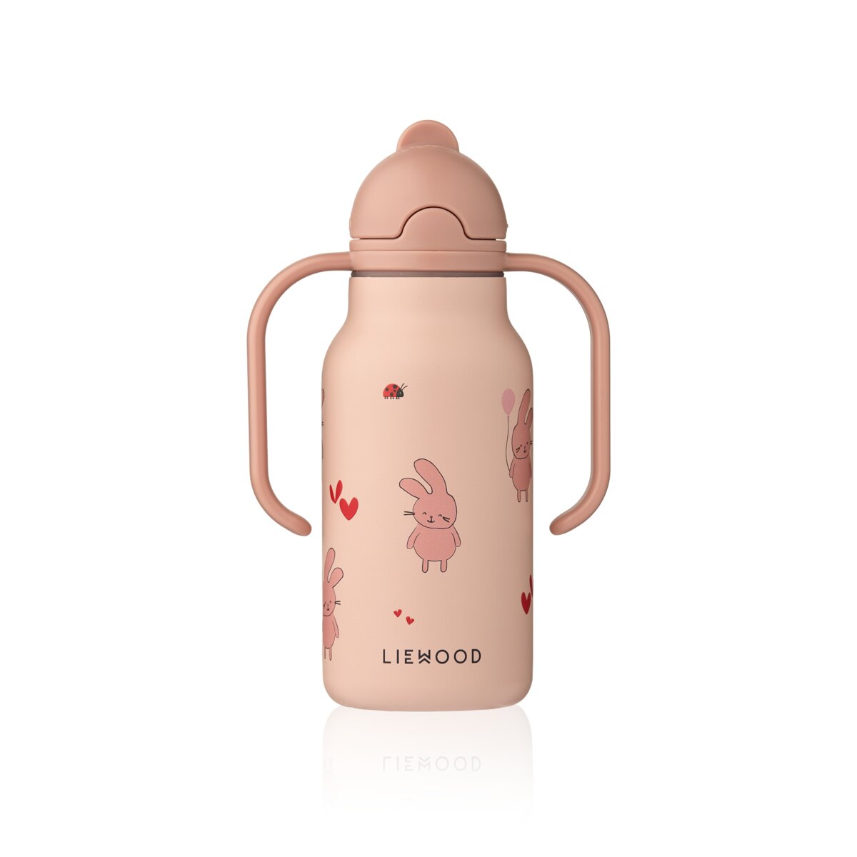Kinder-Wasserflasche rosafarben mit Henkeln, Deckel und Strohhalm, mit Hasen-Print