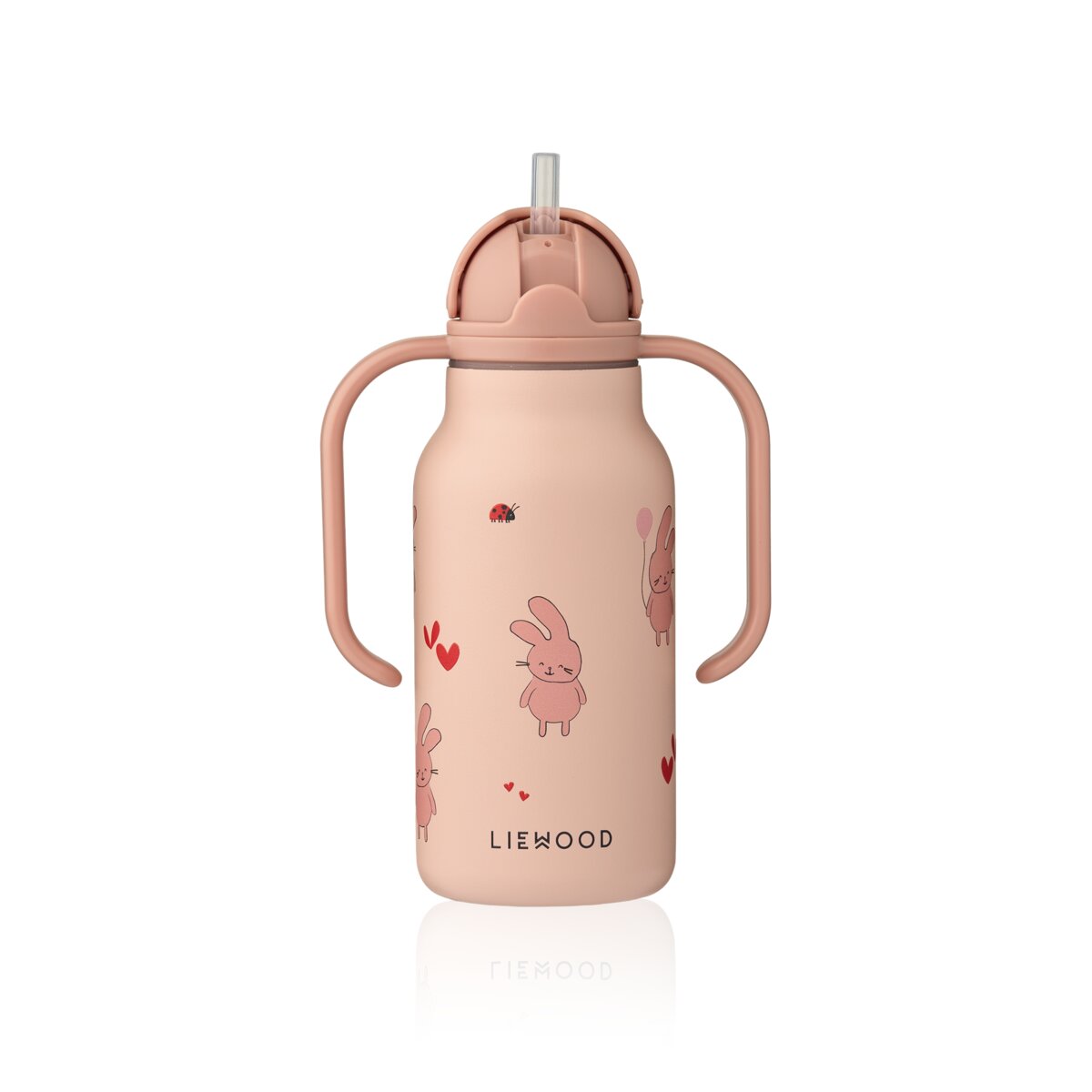 Kinder-Wasserflasche rosafarben mit Henkeln, Deckel und Strohhalm, Hasen-und-Herzen