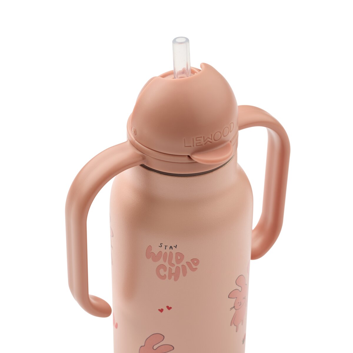 Kinder-Wasserflasche rosafarben mit Strohhalm-Deckel und Hasenmotiv auf der Vorderseite