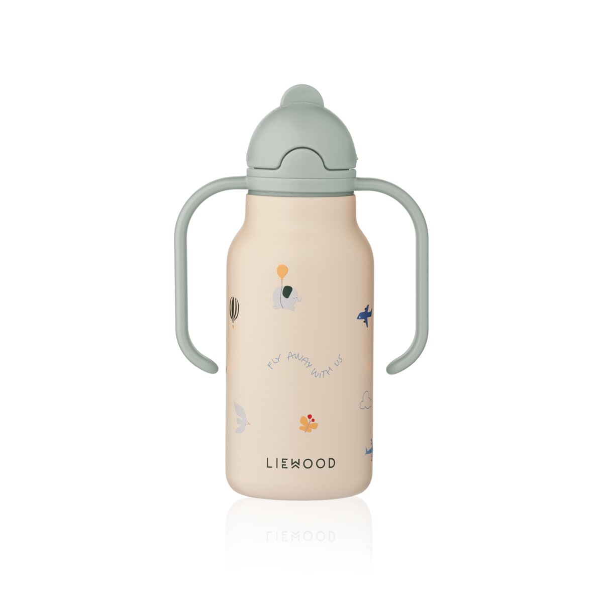 Kinder-Wasserflasche, beige mit Schnabeldeckel, Tragebügeln und buntem Tierdruck