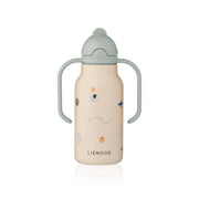 Kinder-Wasserflasche, beige mit Schnabeldeckel, Tragebügeln und buntem Tierdruck