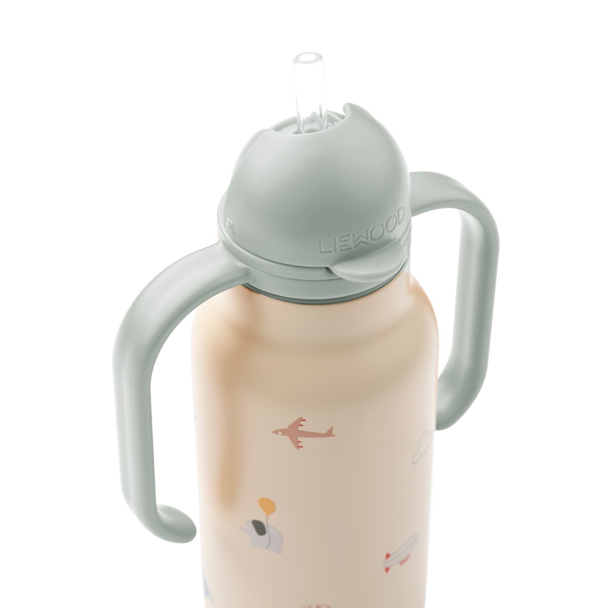 Kinder-Wasserflasche, beige mit hellgrünen Tragegriffen und Ausgießdeckel, Motiv