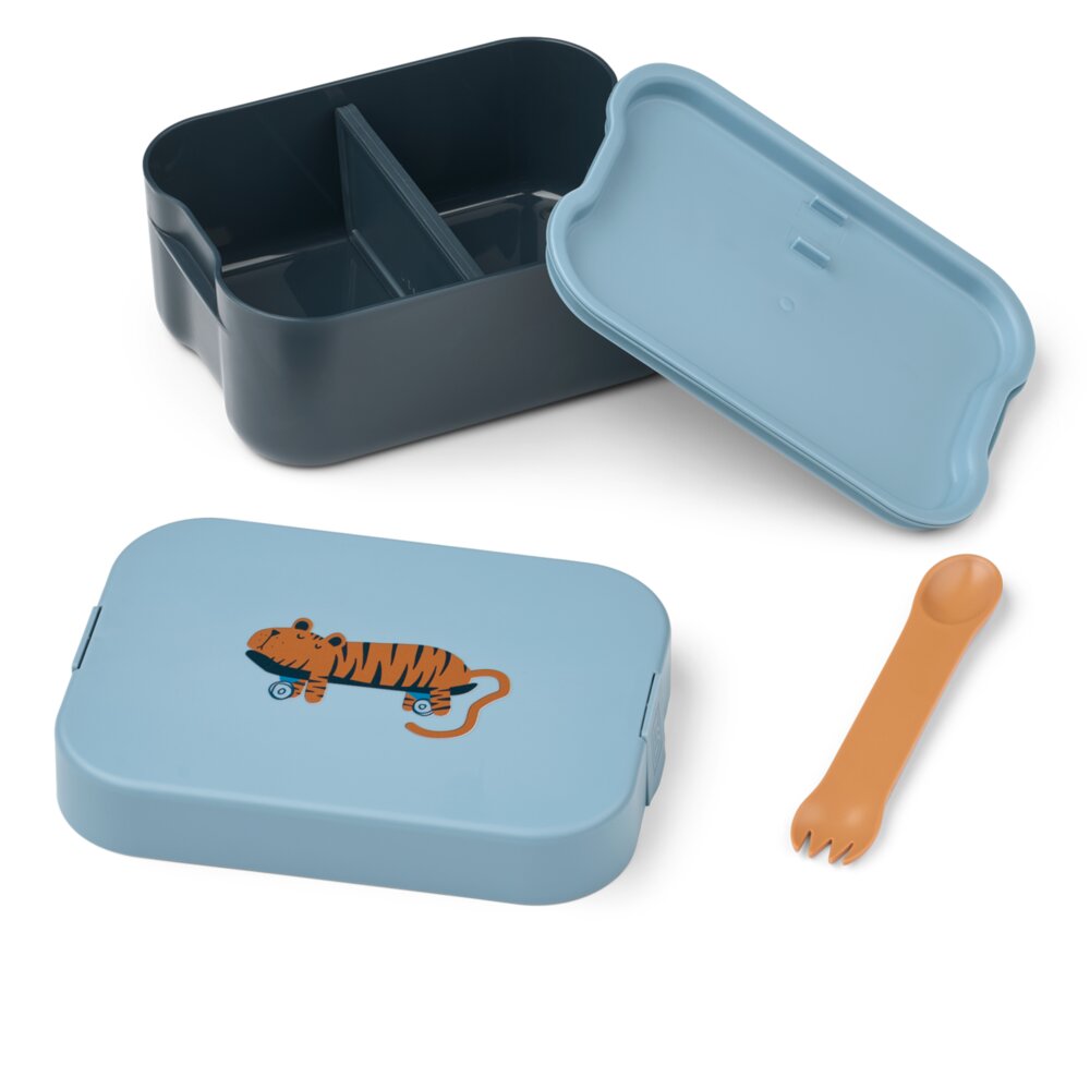 Brotdose, hellblauer Deckel offen mit Fächereinsatz und Tiger-Motiv