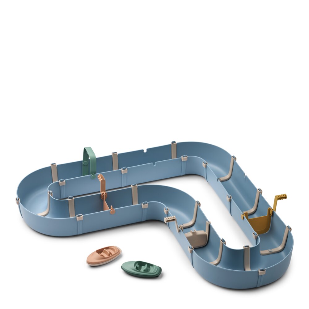 Blauer Wasserbahn-Spielparcours mit Clips und Zubehör in Gelb, Grün und Rosa.