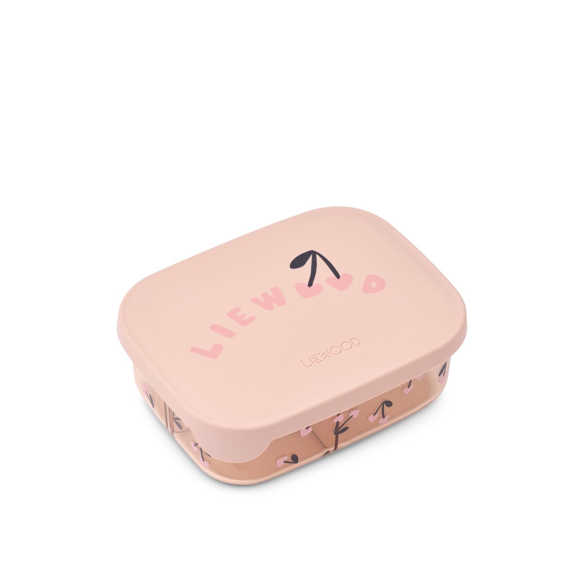 Rosafarbene Lunchbox mit Deckel und Herz-Kirschen-Print, Text „NEW“