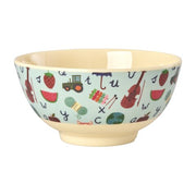 Melamin-Schale M mit blauem ABC-Motiv und bunten Illustrationen, hell gerandet