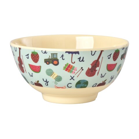 Melamin-Schale M mit blauem ABC-Motiv und bunten Illustrationen, hell gerandet