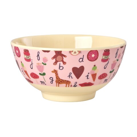 Melamin-Schale M in Pink mit ABC-Muster und Tier-Illustrationen, abgerundete Form