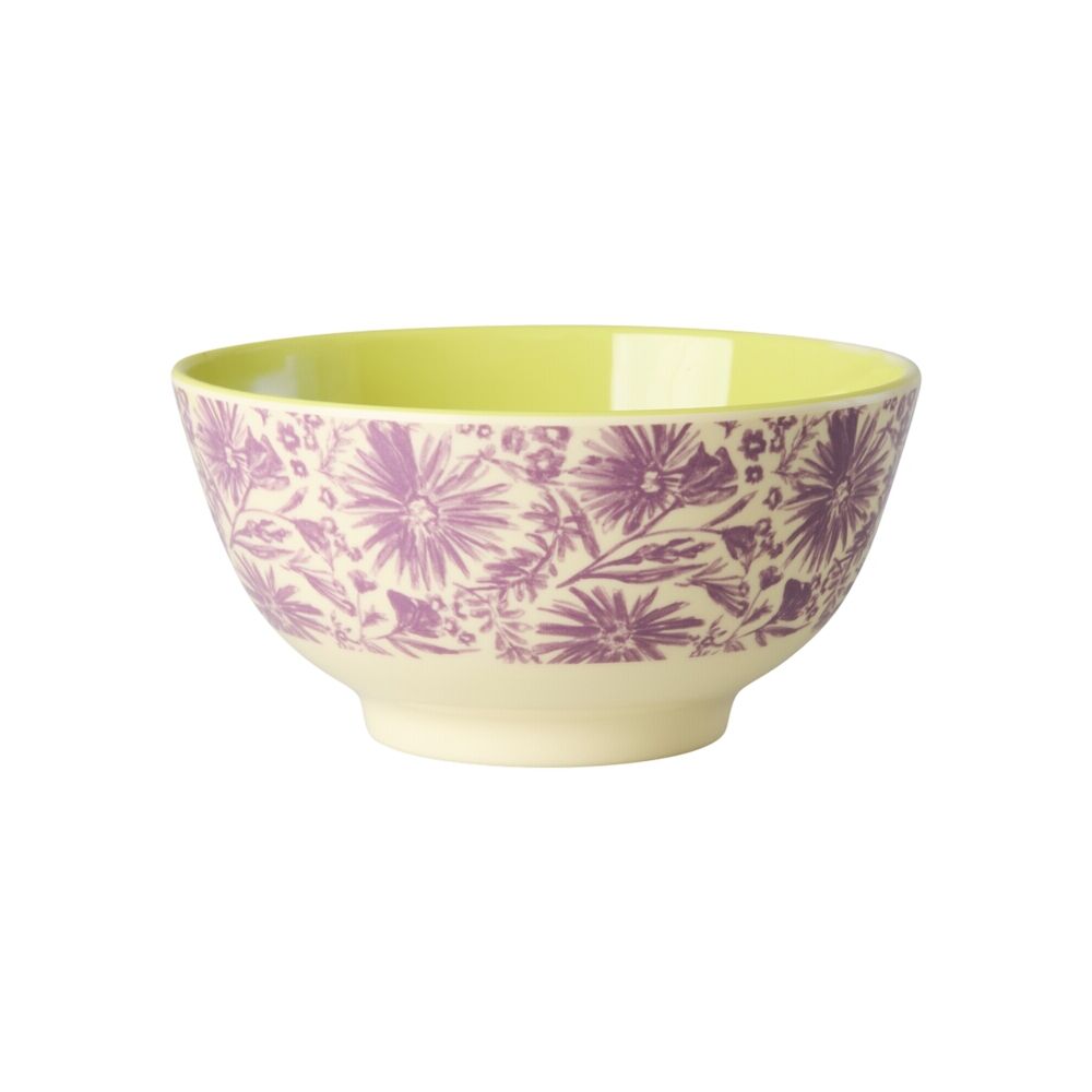 Melamin-Schale mit lila Blumenmuster, innen gelbgrün, rund