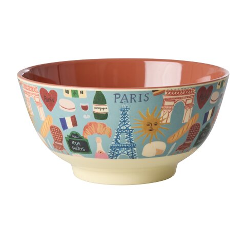 Melamin-Schale mit Paris-Motiv, rund, bunte Illustration, beige Innenfläche