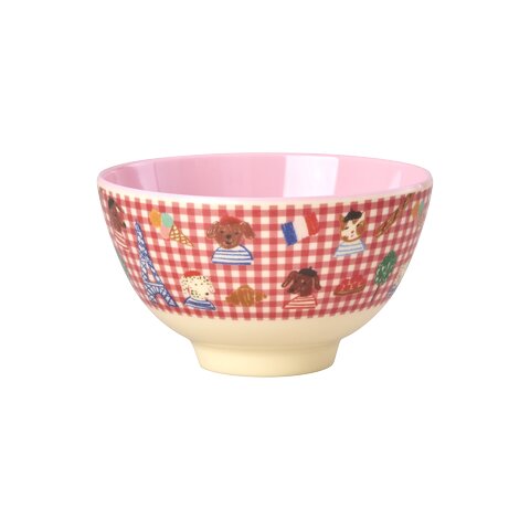 Melamin-Schale mit pinkem Rand, rot-weißem Karo und Kinder-Paris-Print
