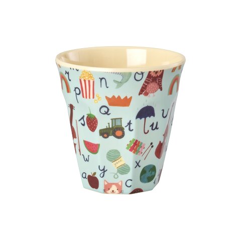 Melaminbecher (M) mit buntem ABC- und Tiermuster, blau-weißem Design