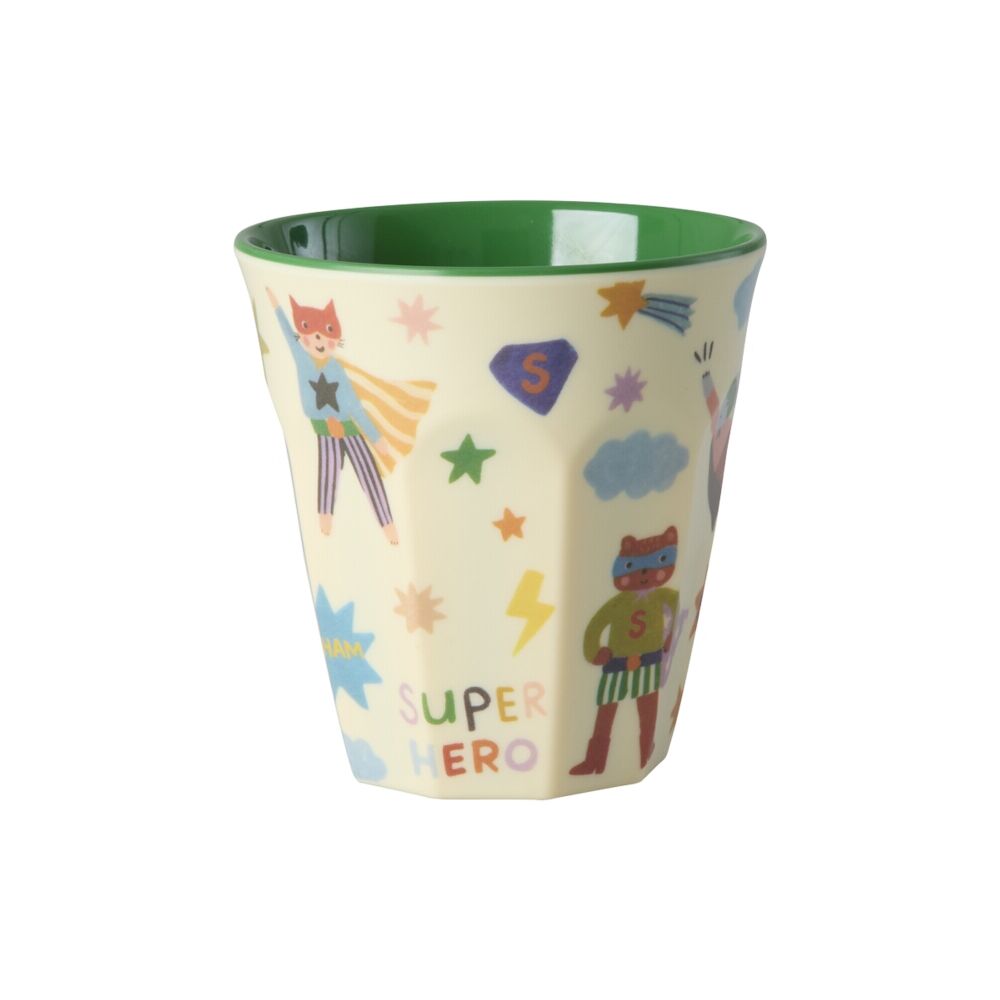 Melamin-Becher 250 ml mit grünem Rand, weißem „Super Hero“-Motiv, zentriert
