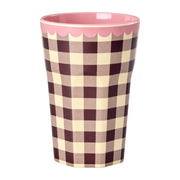 Melaminbecher, rosa mit braunem Karomuster und geradem Rand