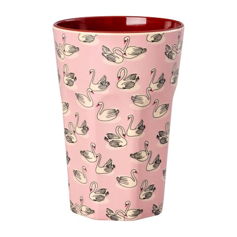 Melaminbecher „Swan“ L: rosa Schwanenmotiv, dunkler Innenrand