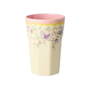 Melaminbecher 400 ml, cremefarben mit Schmetterling- und Blumenmotiv, bunter Rand