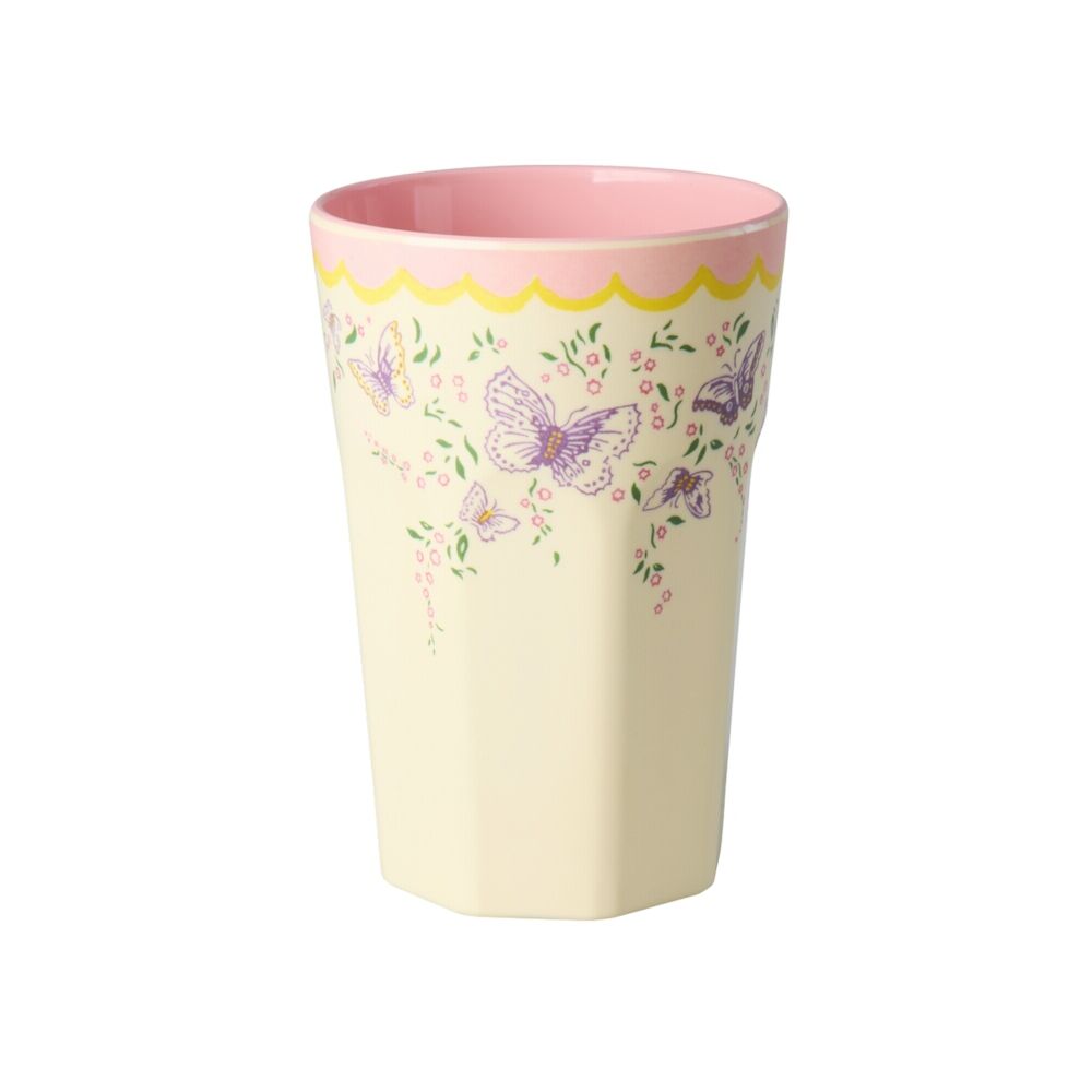 Melaminbecher 400 ml, cremefarben mit Schmetterling- und Blumenmotiv, bunter Rand