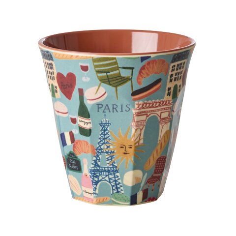 Bunter Melaminbecher mit Paris-Motiv, hoher Rand, innen braun