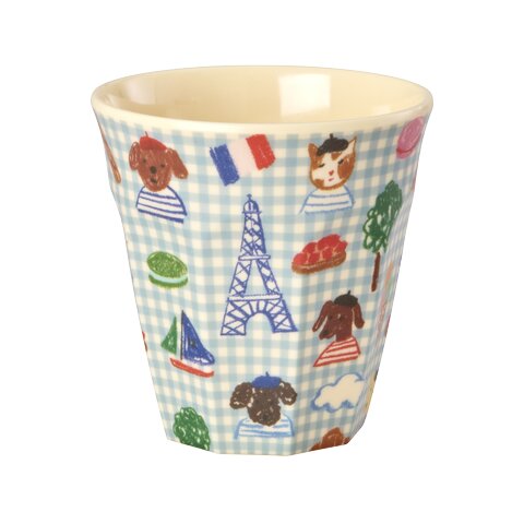 Melamin-Becher, blaues Karo mit Paris-Motiven, Kinder, Größe M