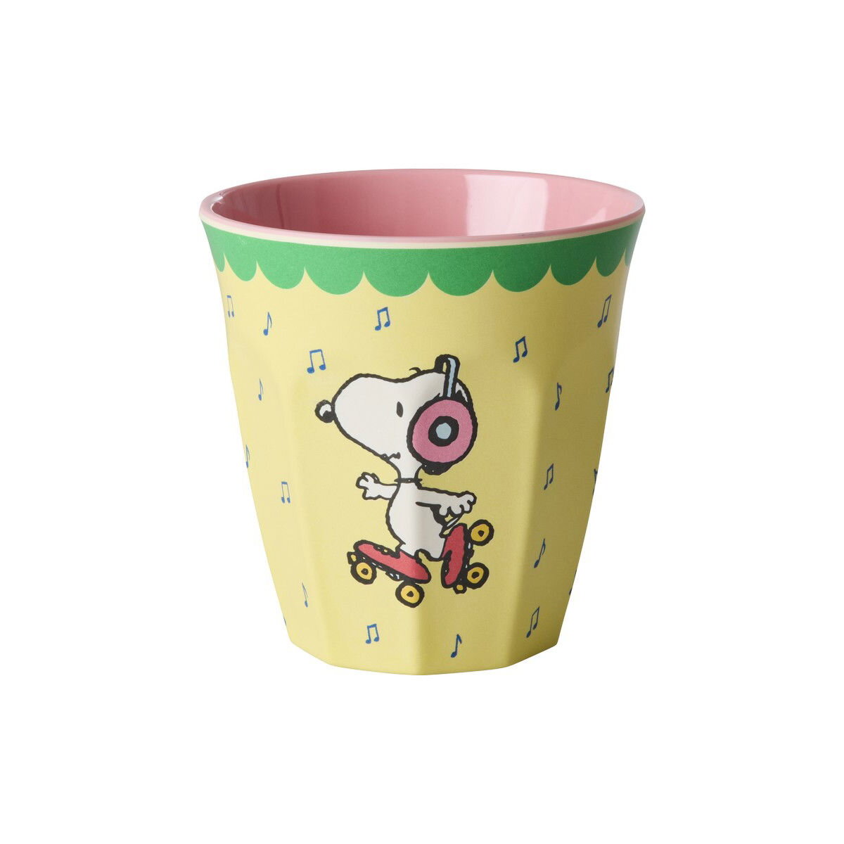 Melaminbecher gelb mit Snoopy-Aufdruck, grünem Rand, Musiknoten
