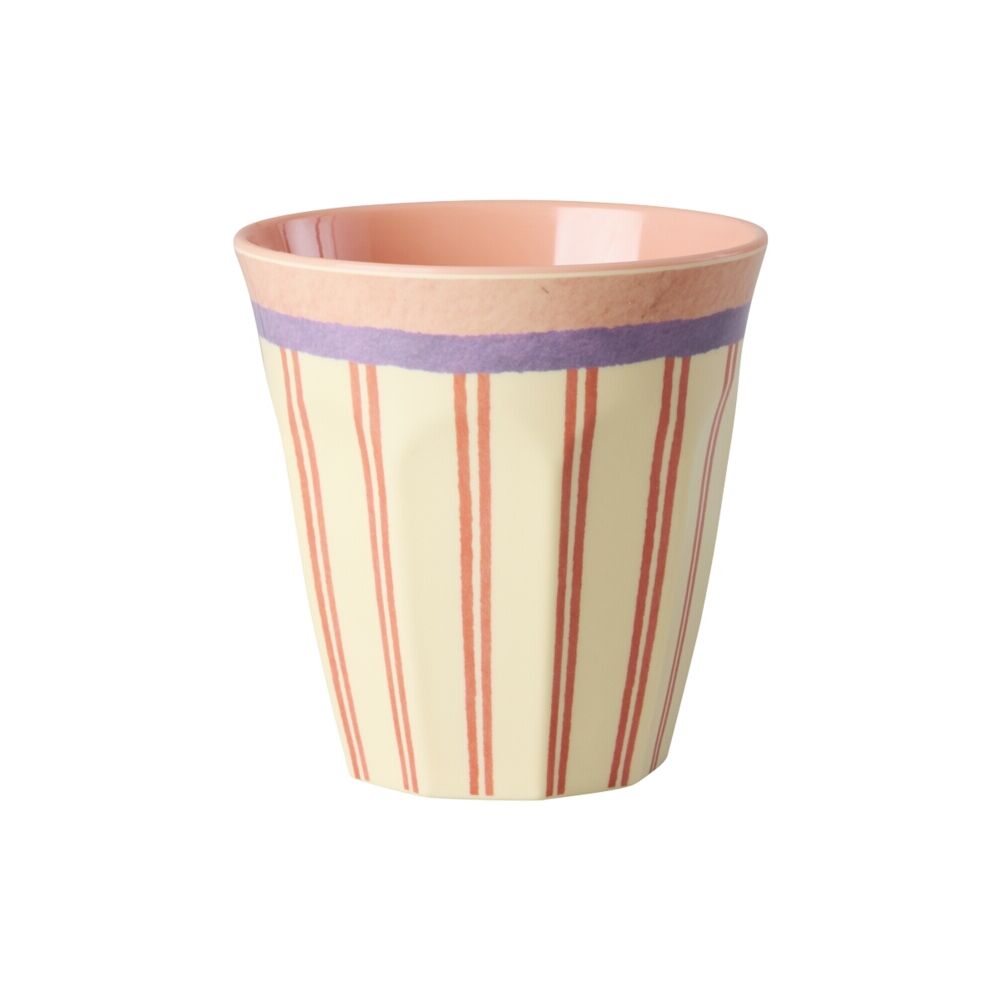 Bunter Melamin-Becher mit vertikalen Streifen in Rot, Lila und Creme, 250 ml