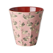 Melaminbecher mit Schwanenmotiv, rosa Außenfläche, rot innen, rund