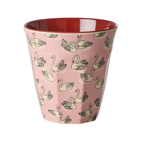Melaminbecher mit Schwanenmotiv, rosa Außenfläche, rot innen, rund