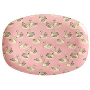 Ovale Melaminplatte in Rosa mit Schwan-Muster