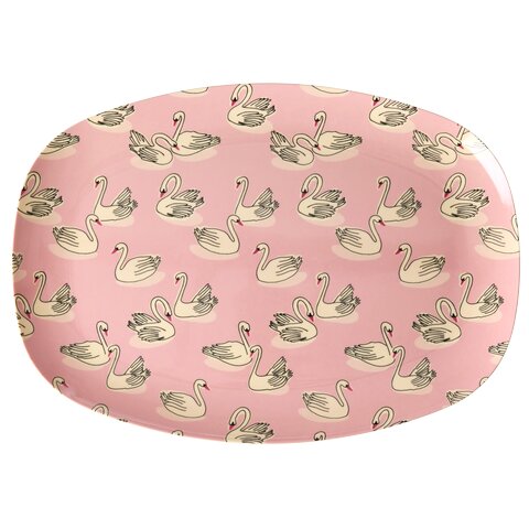 Ovale Melaminplatte in Rosa mit Schwan-Muster