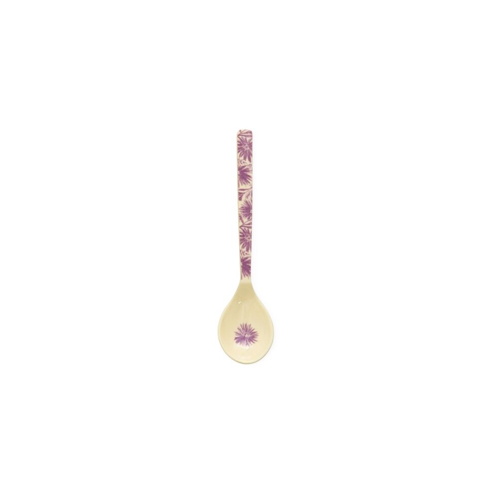 Cremefarbener Melamin-Teelöffel mit violettem Blumenmuster am Stiel