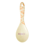 Salatlöffel aus Melamin, cremefarben mit Aufdruck „Merci“ und orangefarbenem Muster